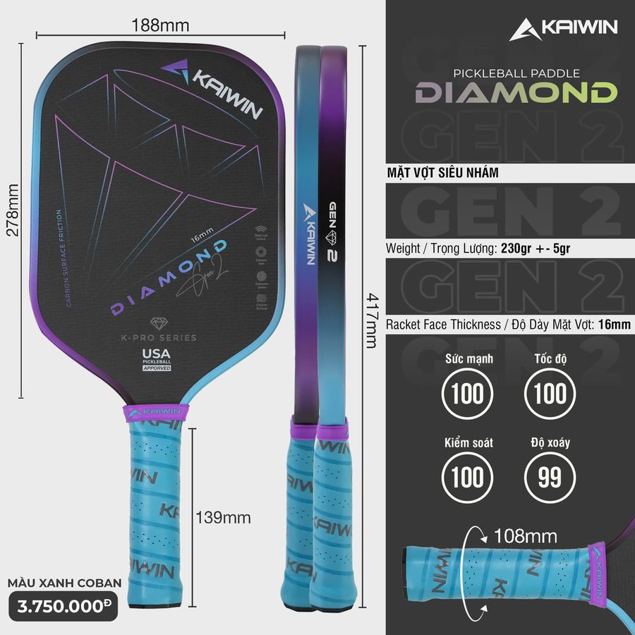 Vot_Pickleball_Kaiwin_Diamond_Gen2_16mm_Xanh_Coban